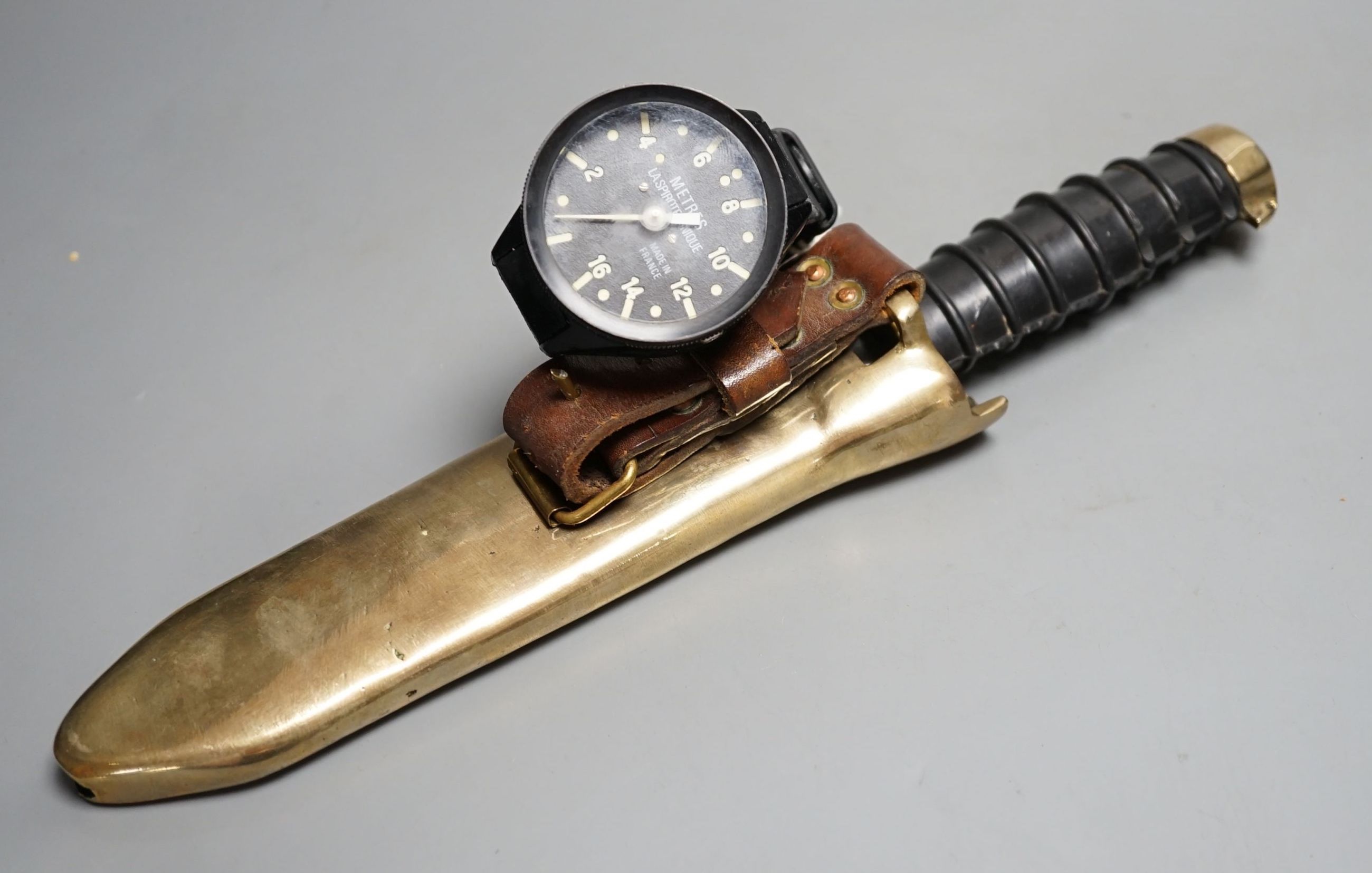 A Russian diver's knife, Spirotechnique diver's wristwatch, Knife 32 cms long.
